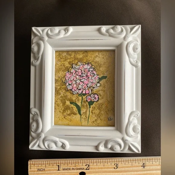 Original flower acrylic painting, abstract. Ornate White Frame  4x4.25 inches - Picture 6 of 11
